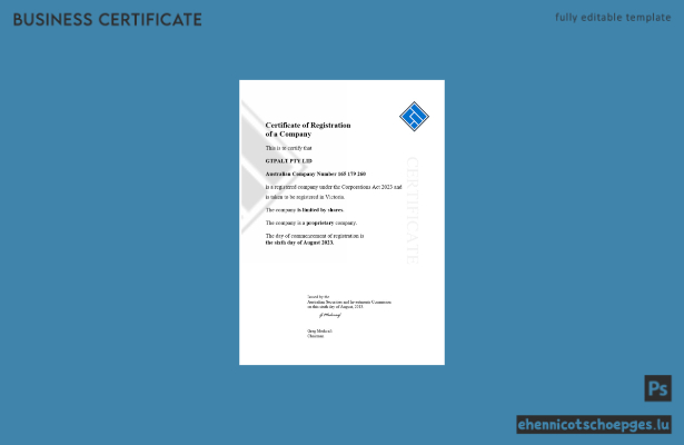 Australien GTPALT-Firmenregistrierungszertifikat (Word- und PDF-Beispiel)